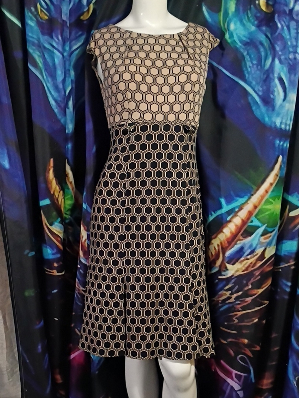 connected apparel Beige and Black Geo Print Fit & Flare Midi Dress